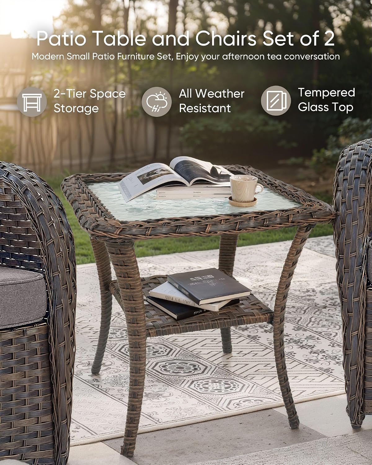 HUMMUH 5-Piece Patio Furniture Set with Fire Pit,Wicker Outdoor Swivel Rocker Chairs Patio Sofa for Backyard,Poolside,Deck,Brown Grey