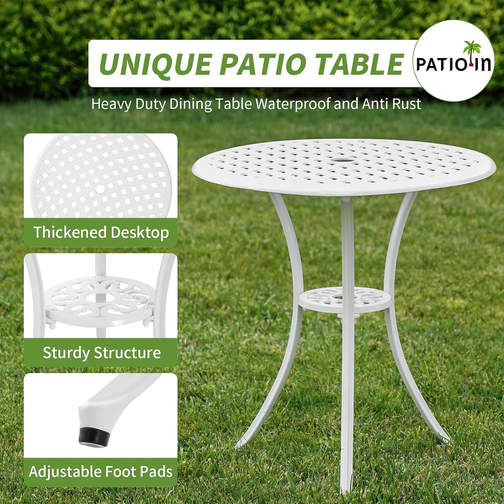 3 Piece Outdoor Bistro Set, Cast Aluminum Outdoor Bistro Table and Chairs Set of 2, Rust-Resistant Patio Furniture Set, White Bistro Set 3 Piece Outdoor for Garden, Backyard, Balcony