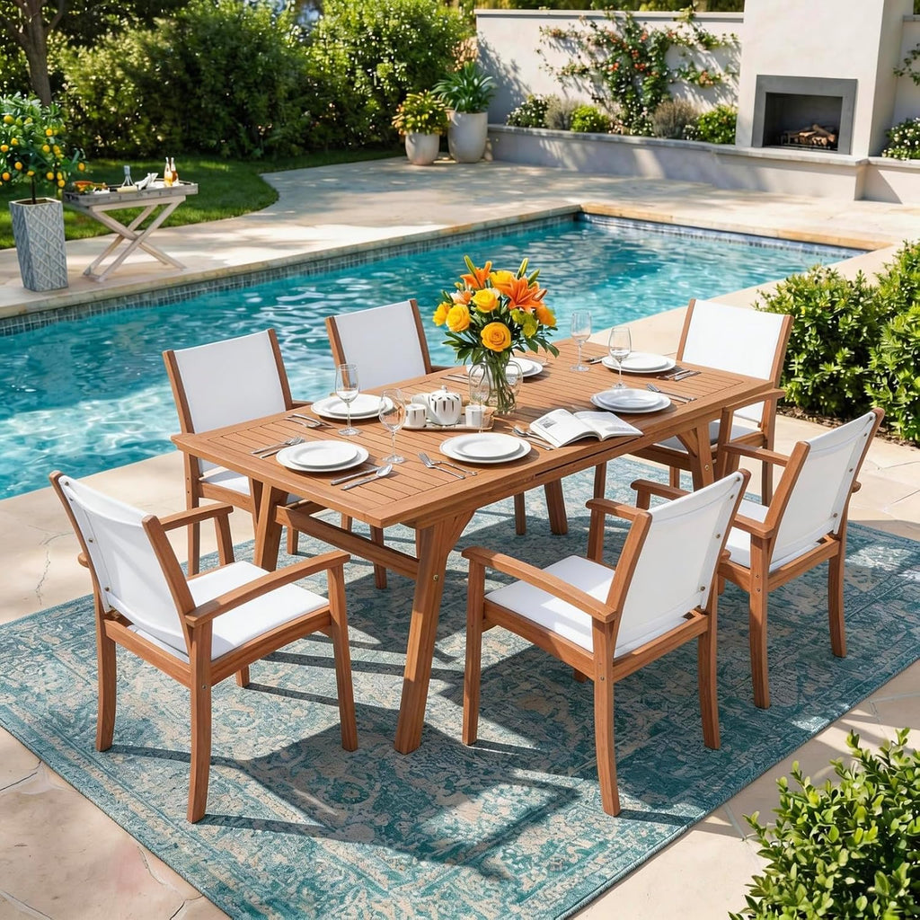 OC Orange-Casual Patio Furniture Set, Acacia Wood Patio Dining Set for 6-8, Outdoor Expandable Table and Chairs Set with Umbrella Hole and Breathable Textilene Fabric for Garden (White, 7 Pieces)