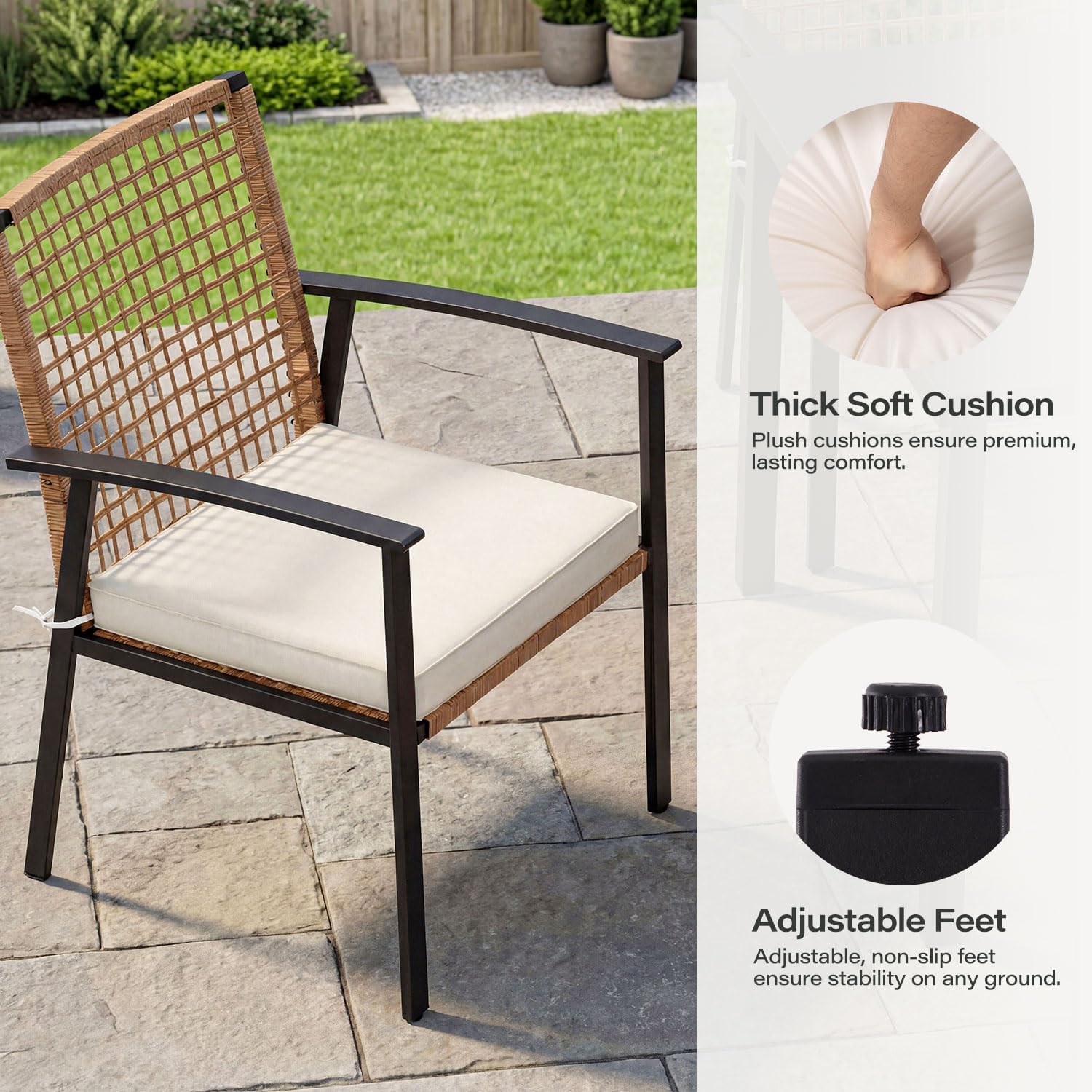 LAUSAINT HOME 5 Pieces Outdoor Patio Dining Set, Wicker Patio Furniture Set of 4 Chairs with Soft Cushion and Square Table with Umbrella Hole, Conversation Set for Backyard, Garden and Poolside