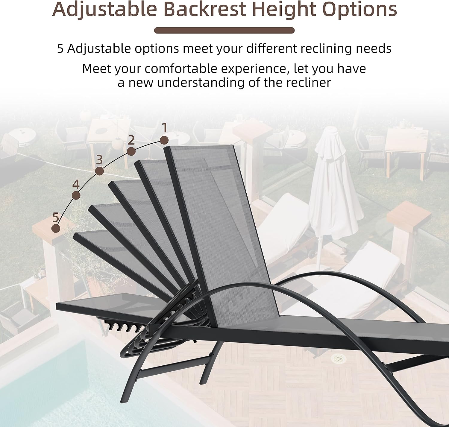 Shintenchi Patio Chaise Lounge Set of 2, Pool Chaise Lounge with Arm,Outdoor Lounge Chair with 5 Adjustable Backrest,Sunbathing Recliner,Beach Chair,Pool Chairs,Light Grey