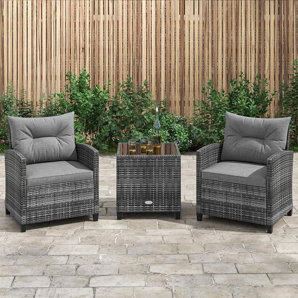 KOTEK 3 Piece Patio Furniture Set, Outdoor PE Rattan Conversation Set with Washable Cushions & Tempered Glass Tabletop, Wicker Chairs and Table Set for Porch, Garden, Balcony (Grey)