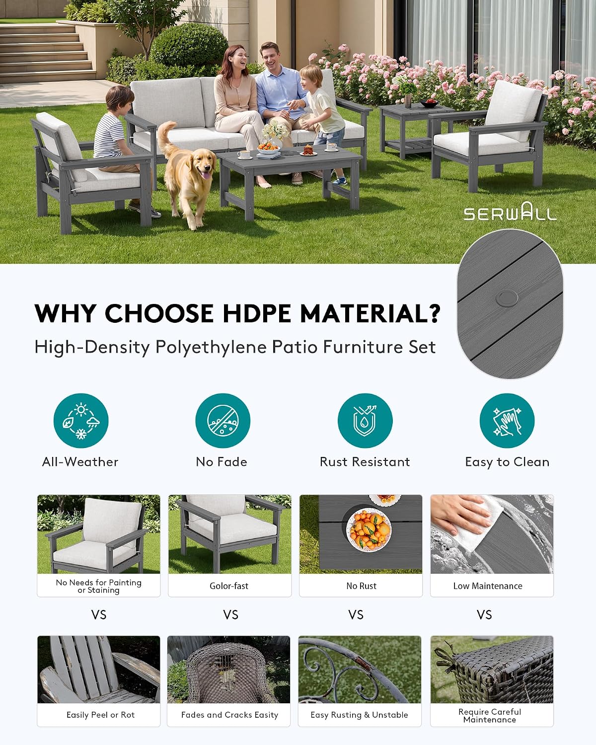 SERWALL HDPE Patio Furniture Set, 7-piece Outdoor Sectional Sofa Set, All Weather Outdoor Couch Set for Deck, Lawn, Grey Frame with Khaki Cushion