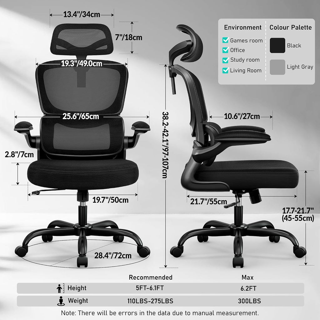 BESTFAIR High Back Ergonomic Office Chair, Breathable Mesh Desk Chair with Lumbar Support, Adjustable Headrest, Flip-up Armrests, Computer Gaming Chair