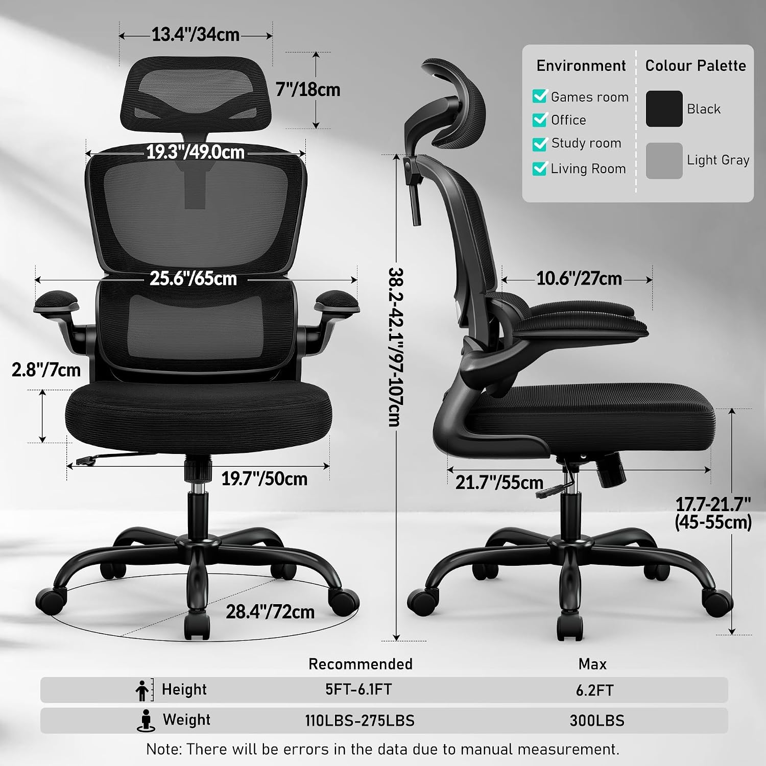 BESTFAIR High Back Ergonomic Office Chair, Breathable Mesh Desk Chair with Lumbar Support, Adjustable Headrest, Flip-up Armrests, Computer Gaming Chair