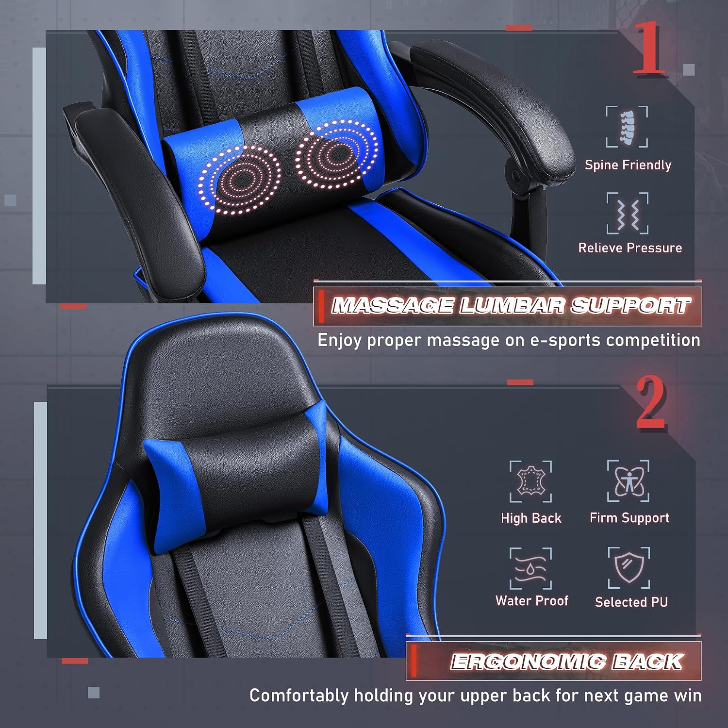Furmax Gaming Chair, Video Game Chair with Footrest and Massage Lumbar Support, Swivel Seat Height Adjustable Computer Chair with Headrest, Racing E-Sport Gamer Chair (Blue)