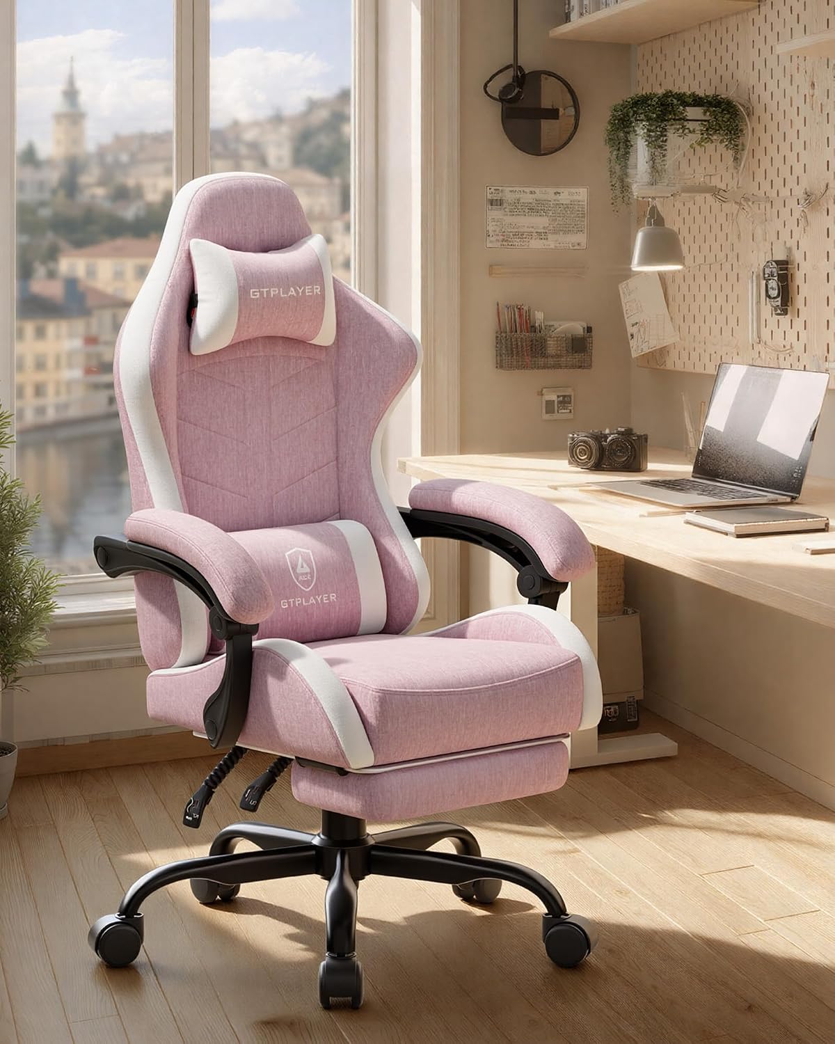 GTPLAYER Gaming Chair with Footrest, Computer Gaming Chair for Adults and Kids, Height Adjustable Gamer Chair with 90-155° Recline & Removable Headrest Lumbar Support,Linen Fabric Pink
