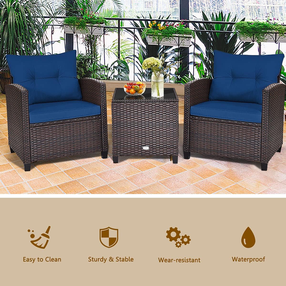 RELAX4LIFE 3 Piece Patio Furniture Set, Wicker Bistro Conversation Set w/ 2 Cushioned Armchairs & Glass Topped Table, Outdoor Rattan Sofa Set Patio Furniture for Porch Balcony Poolside (Navy Blue)