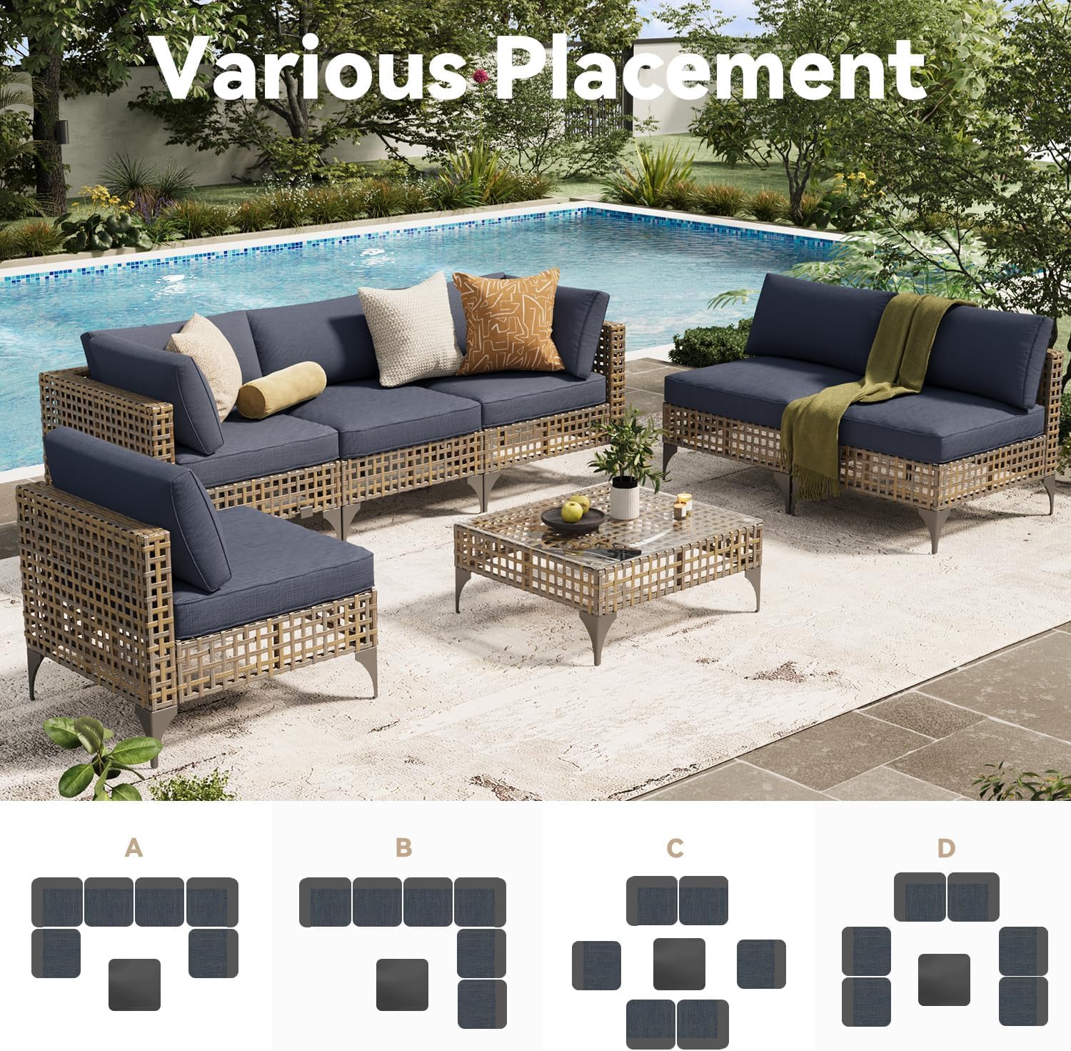 U-MAX 7-Piece Patio Furniture Set with Coffee Table, Boho Outdoor Furniture Set Sectional Sofa Wicker Conversation Set with Dark Brown Rattan & Dark Grey