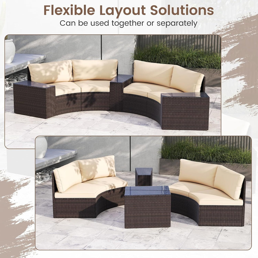 Tangkula 5 Pieces Patio Furniture Set, PE Rattan Half-Moon Curved Sectional Sofas with Tempered Glass Top Side Tables, Outdoor Conversation Set for Porch, Backyard & Poolside (Beige) | Breathable material