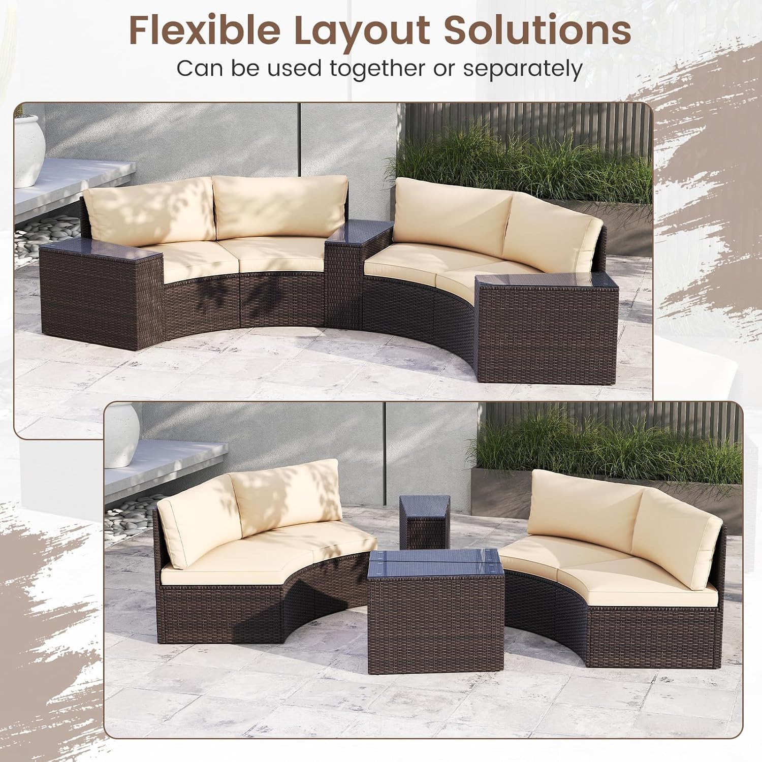 Tangkula 5 Pieces Patio Furniture Set, PE Rattan Half-Moon Curved Sectional Sofas with Tempered Glass Top Side Tables, Outdoor Conversation Set for Porch, Backyard & Poolside (Beige) | Breathable material