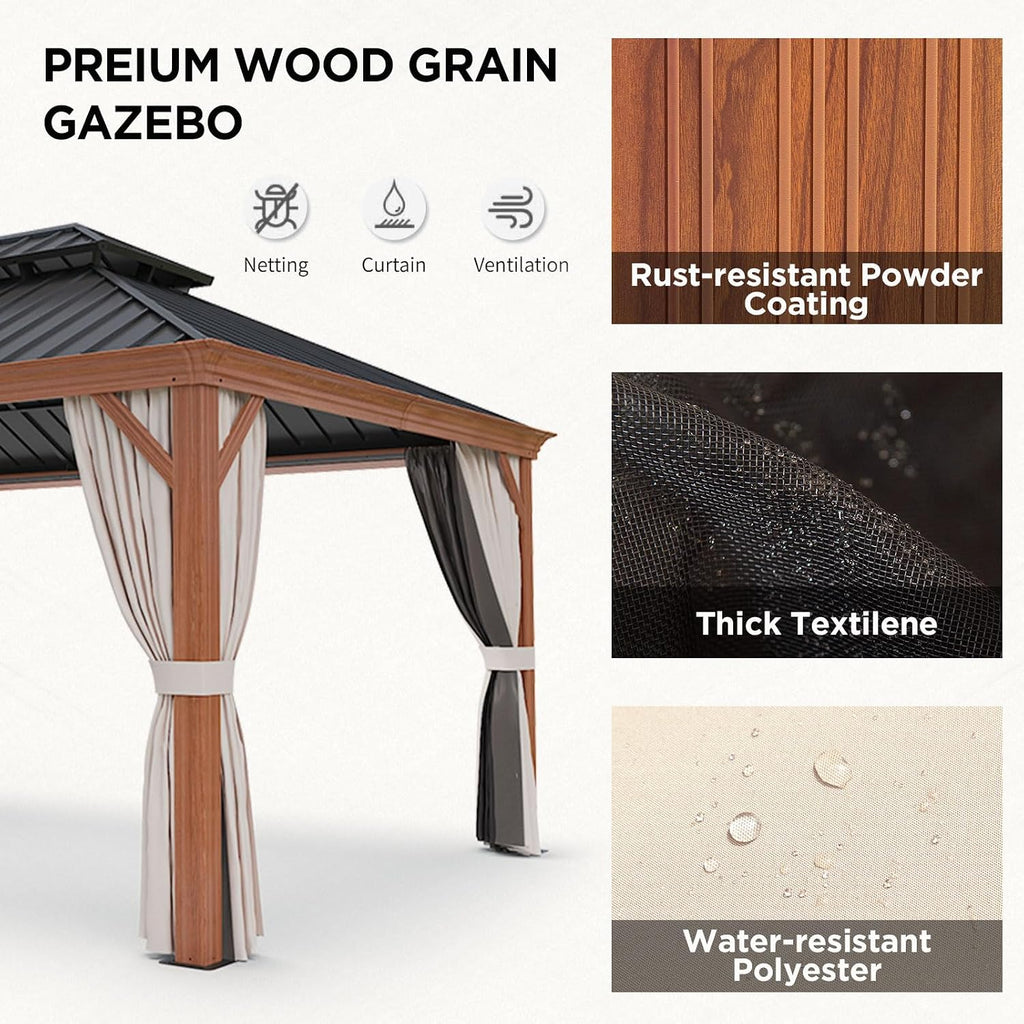 COOS BAY 12x16 Hardtop Gazebo, Wood Grain Aluminum Frame with Galvanized Steel Double Roof, Outdoor Pavilion with Netting and Curtains, Wood Grain/Black