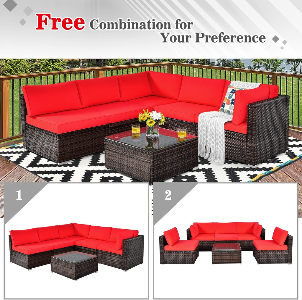 COSTWAY 6-Piece Outdoor Patio Furniture Set, Rattan Sectional Sofa Set with Tempered Glass Coffee Table and Cushions for Garden, Deck, Backyard (Red)