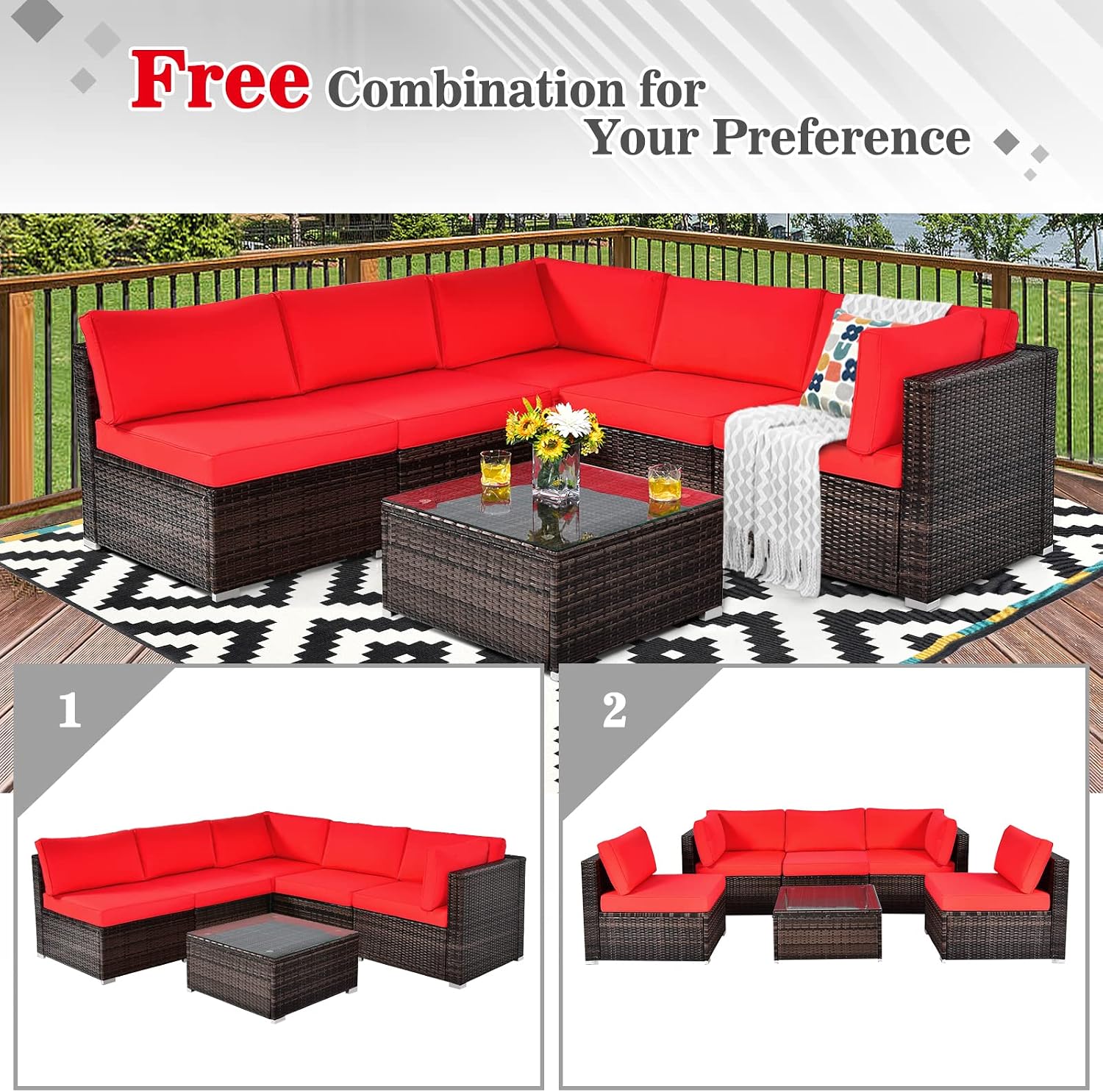 COSTWAY 6-Piece Outdoor Patio Furniture Set, Rattan Sectional Sofa Set with Tempered Glass Coffee Table and Cushions for Garden, Deck, Backyard (Red)