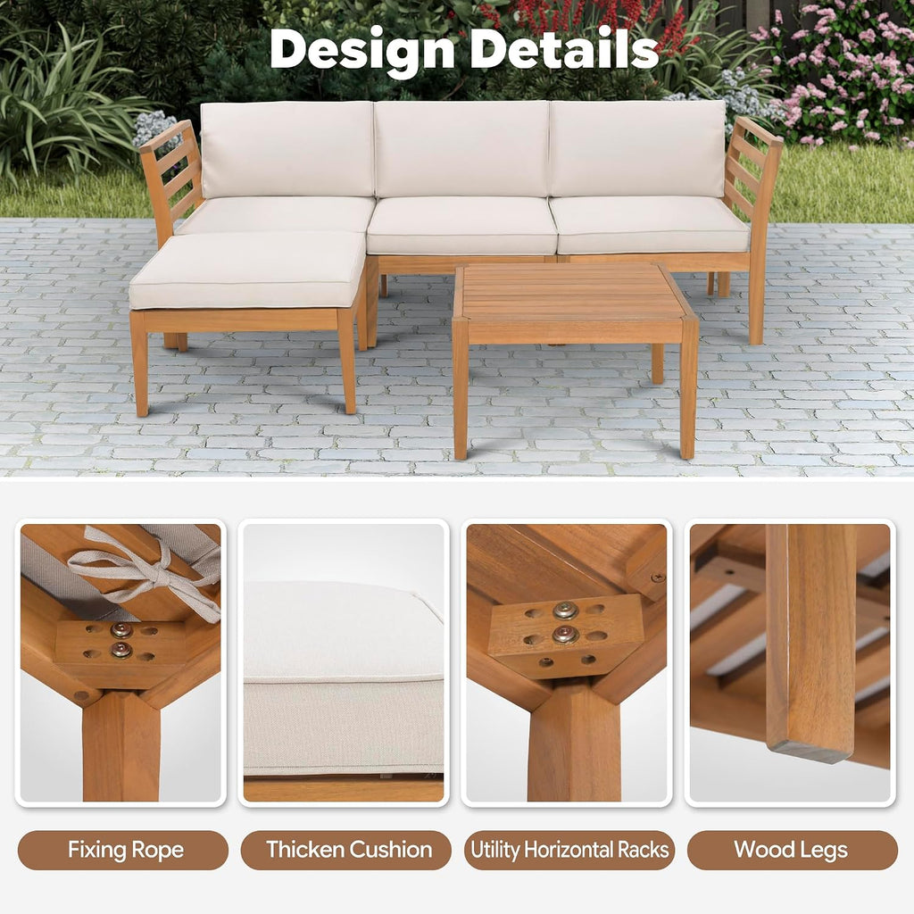 Werph 5-Piece Acacia Wood Patio Sectional Set, L-Shaped Outdoor Sofa Garden Couch with Coffee Table & Removable Cushions for Backyard, Deck, Beige