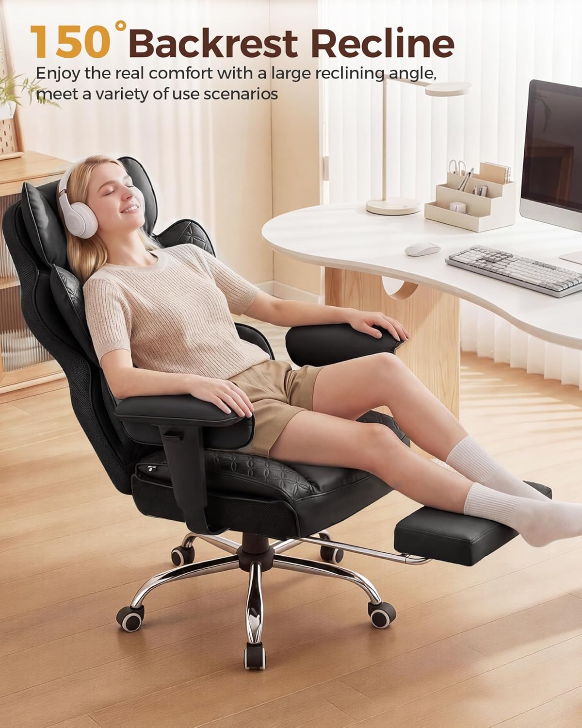 COMHOMA Big and Tall Office Chair Heavy Duty Gaming Chair with Deluxe Embossing Leather High Back Wider Ergonomic Computer Chair with Foot Rest 150°Reclining Pocket Spring Lumbar Support