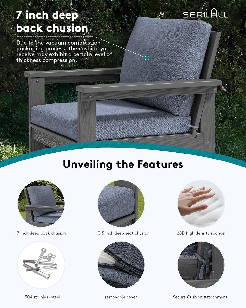 SERWALL HDPE Patio Furniture Set with 15FT Patio Umbrella, 7-piece Outdoor Sectional Sofa Set, All Weather Patio Couch Set for Deck, Gray &Gray (Umbreall Base not Included)