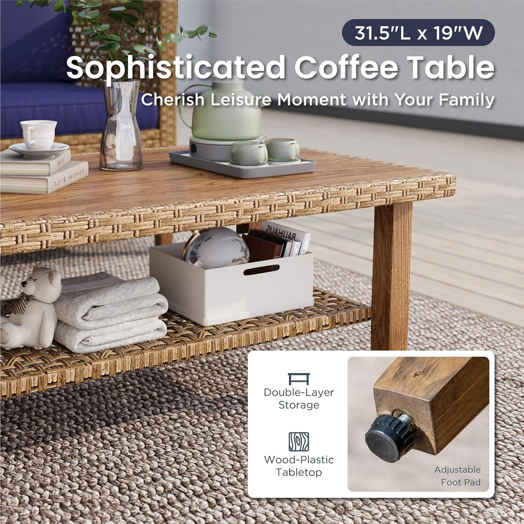 PHI VILLA Wicker Patio Furniture Set, Outdoor Sectional Couch with Cushions and Acacia Wood Coffee Table, U-Shaped Patio Conversation Set for Deck or Porch, 6 Seats, Navy Blue