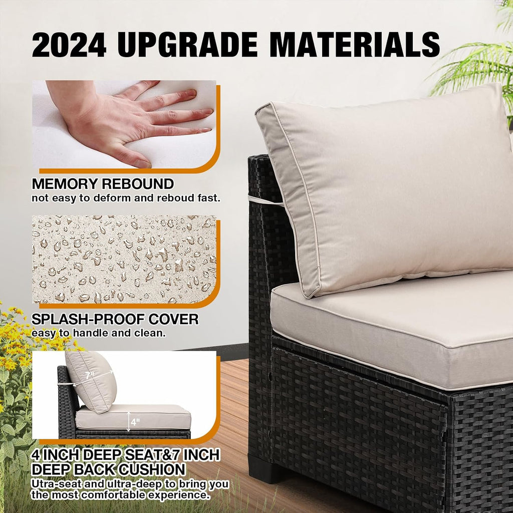 JOYURE 6 Pieces Patio Furniture Set All-Weather Outdoor Wicker Sectional Conversation Sofa Rattan Patio Seating Sofa with Cushion and Glass Table for Porch Poolside,Beige