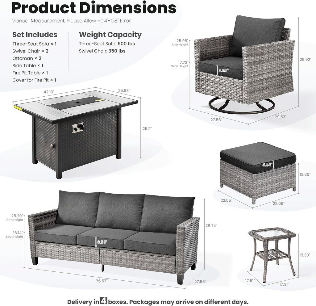 ovios 7 Pieces Patio Furniture Set with 42' Fire Pit Table, Outdoor Wicker Sofa with Swivel Chairs, All Weather High Back Rattan Couch Conversation Set, Black