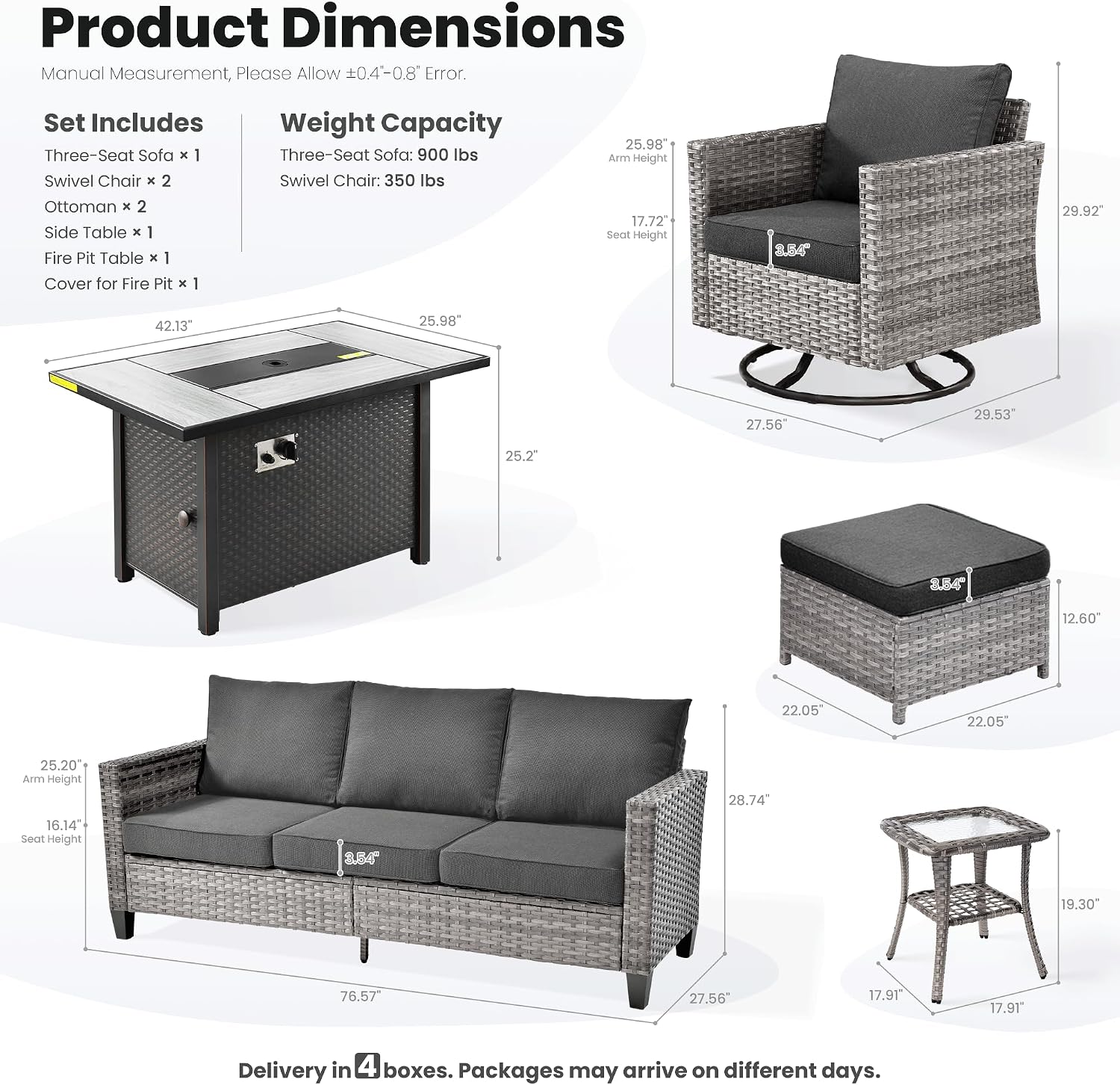 ovios 7 Pieces Patio Furniture Set with 42' Fire Pit Table, Outdoor Wicker Sofa with Swivel Chairs, All Weather High Back Rattan Couch Conversation Set, Black