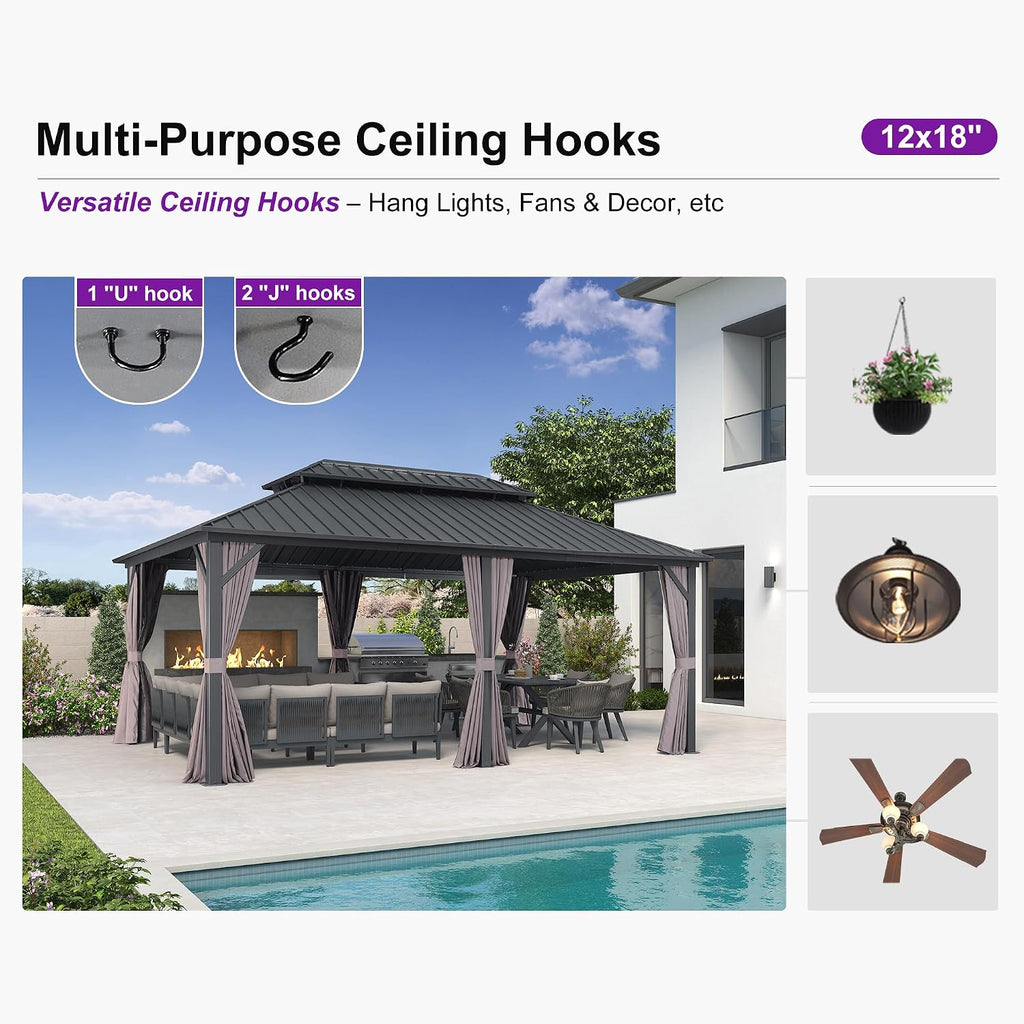 PURPLE LEAF 12' X 18' Patio Hardtop Gazebo Outdoor Pavilion Gazebo with Galvanized Steel Double Roof for Patio Lawn Garden Aluminum with Curtains Grey