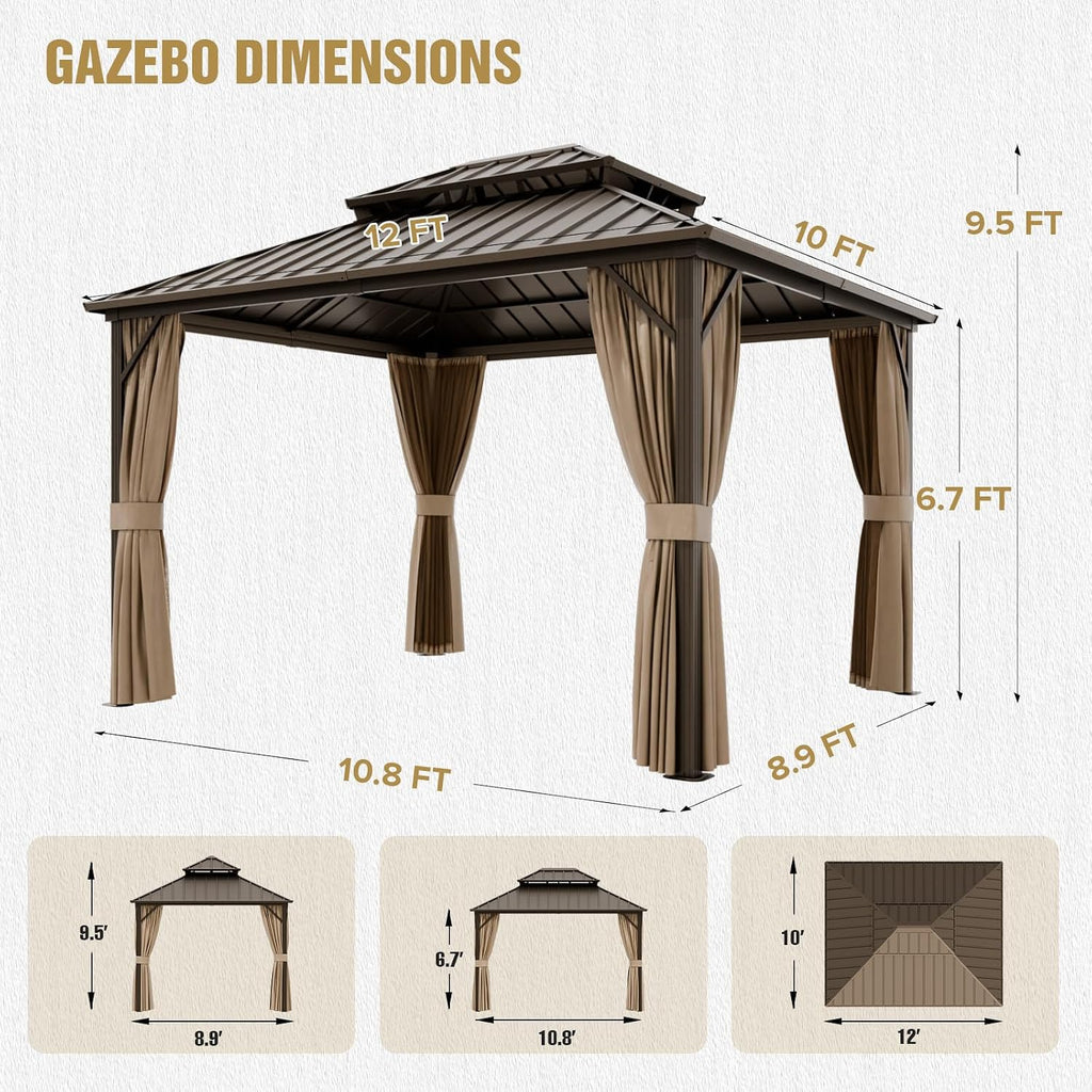 COOS BAY 12x10 Hardtop Gazebo with Aluminum Frame, Galvanized Steel Roof with UV Protection for Patio, Backyard, Garden, Outdoor Events, Dark Brown/Tan
