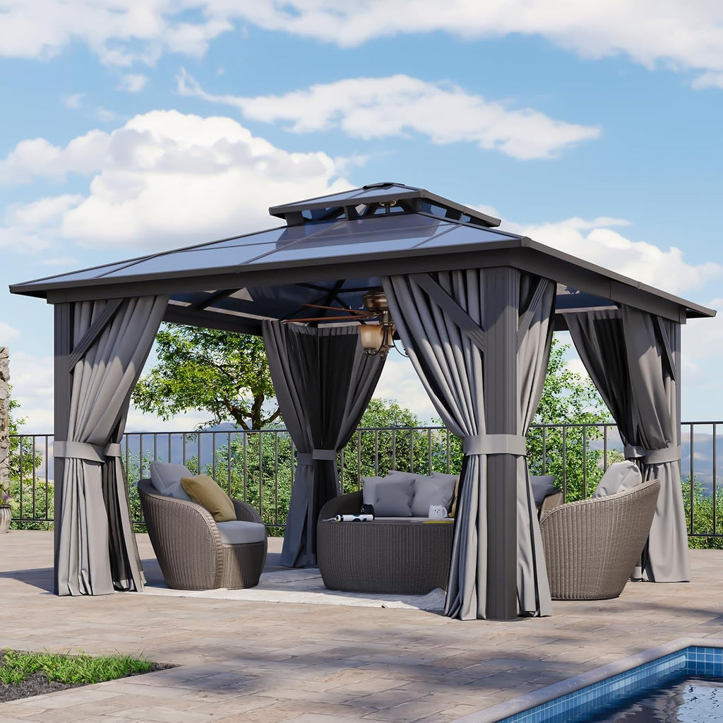 Aoxun 12'x12' Hardtop Gazebo,Permanent Aluminum-Framed Pavilion with Curtains & Mesh Screens, Featuring a Double-Layered Polycarbonate Roof, Ideal for Patios, Lawns, & Gardens, Gray