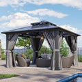 Aoxun 12'x12' Hardtop Gazebo,Permanent Aluminum-Framed Pavilion with Curtains & Mesh Screens, Featuring a Double-Layered Polycarbonate Roof, Ideal for Patios, Lawns, & Gardens, Gray