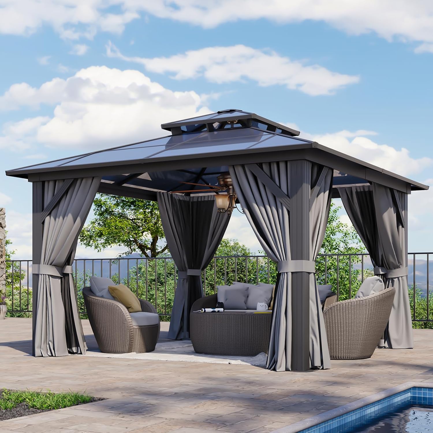 Aoxun 12'x12' Hardtop Gazebo,Permanent Aluminum-Framed Pavilion with Curtains & Mesh Screens, Featuring a Double-Layered Polycarbonate Roof, Ideal for Patios, Lawns, & Gardens, Gray