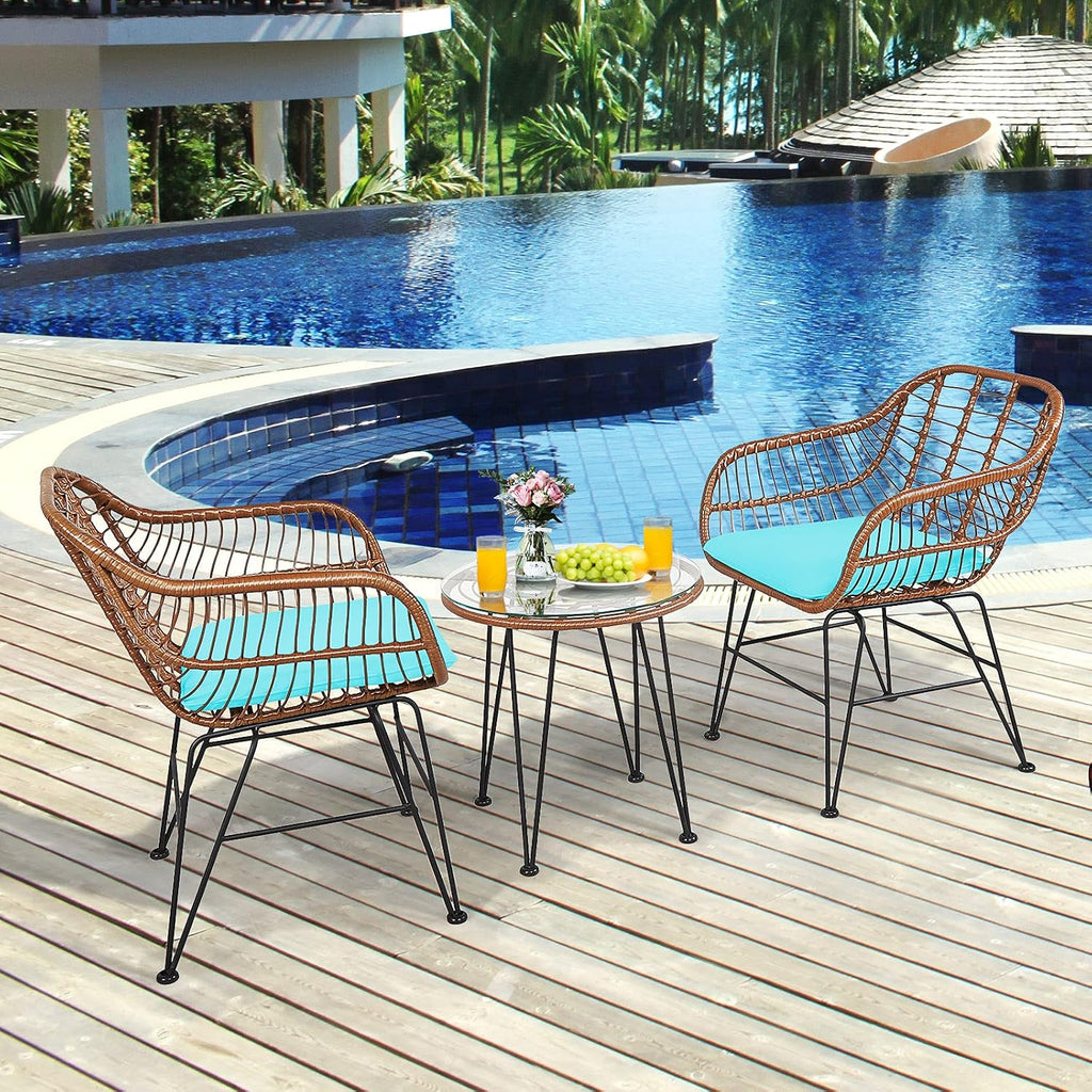 Tangkula 3 Pieces Patio Conversation Bistro Set, Outdoor Wicker Furniture w/Round Tempered Glass Top Table & 2 Rattan Armchairs, Bistro Chat Set w/Seat Cushions for Porch, Backyard, Garden