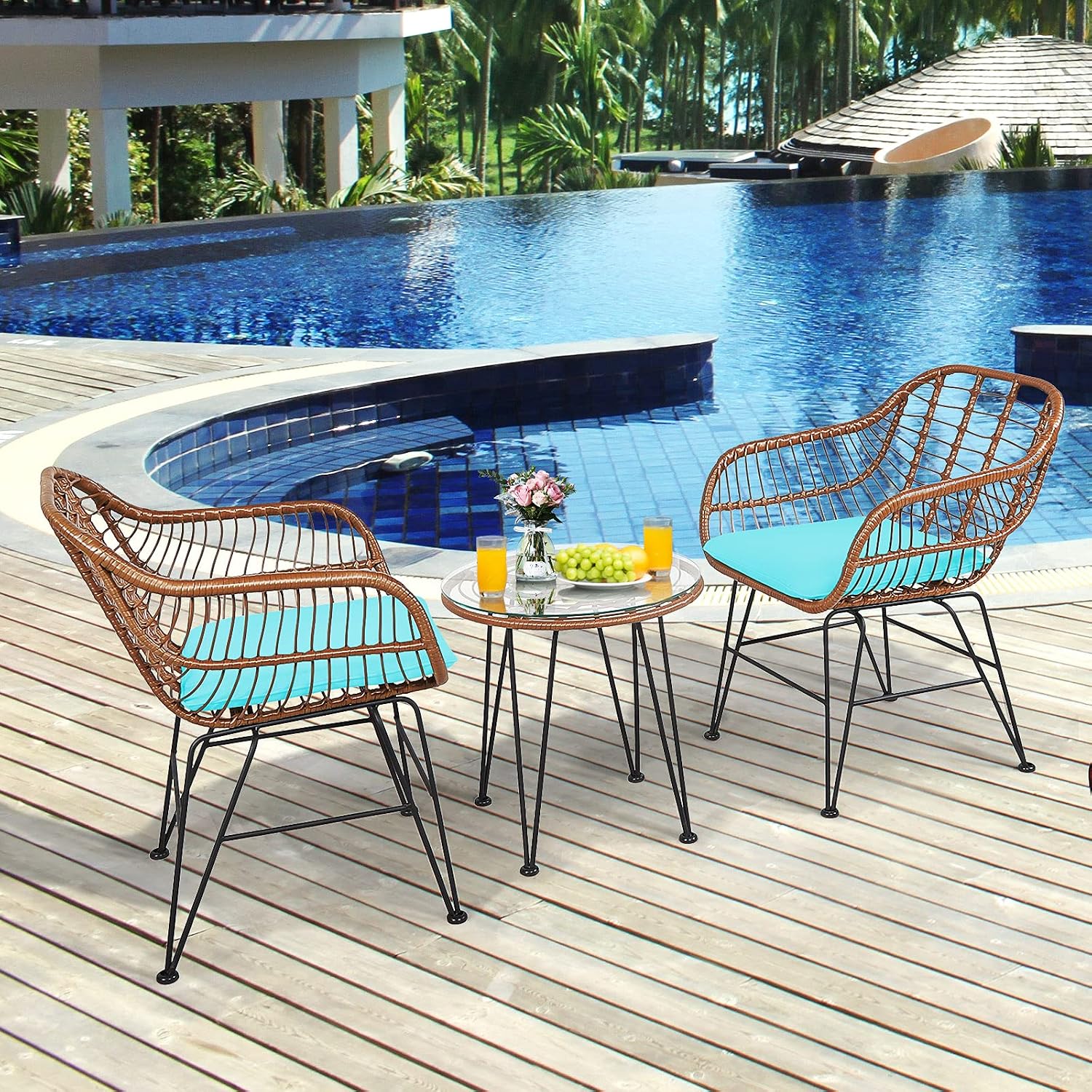 Tangkula 3 Pieces Patio Conversation Bistro Set, Outdoor Wicker Furniture w/Round Tempered Glass Top Table & 2 Rattan Armchairs, Bistro Chat Set w/Seat Cushions for Porch, Backyard, Garden