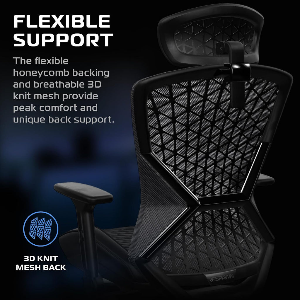 RESPAWN SPIRE Ergonomic Office Chair with Lumbar Support, Headrest, Adjustable Arms and Cooling Gel Seat Cushion, Comfy Breathable Mesh Seat for Home Office, High Back Reclining Gaming Chair - Black