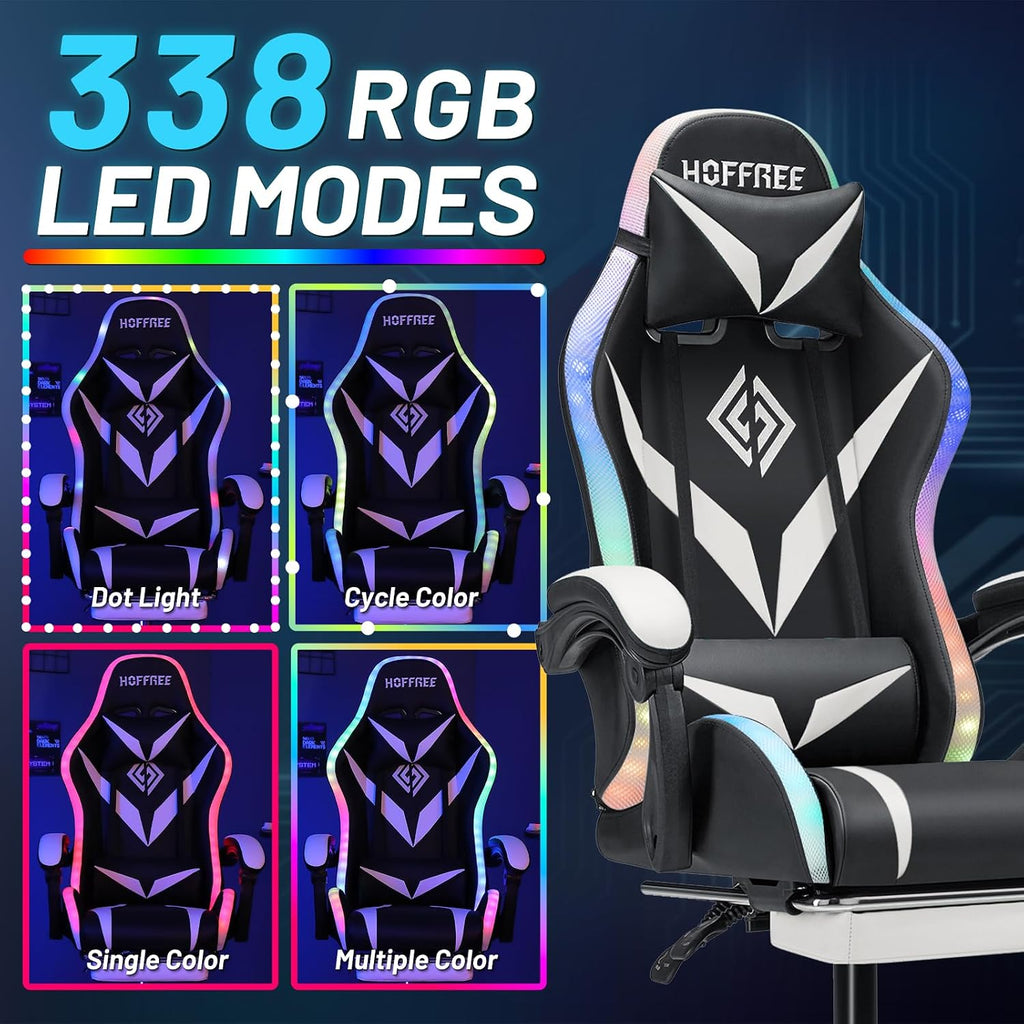 HOFFREE Gaming Chair with LED RGB Lights Massage Ergonomic Video Game Chairs with Footrest High Back Reclining Computer Chair with Adjustable Lumbar Support White and Black