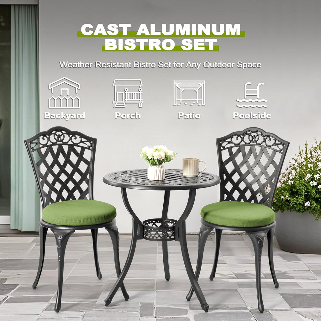 NUU GARDEN 3-Piece Patio Bistro Set Outdoor Cast Aluminum Bistro Table and Chairs Set of 2, Outdoor Patio Bistro Set with Umbrella Hole and Green Cushions for Patio Balcony, Black