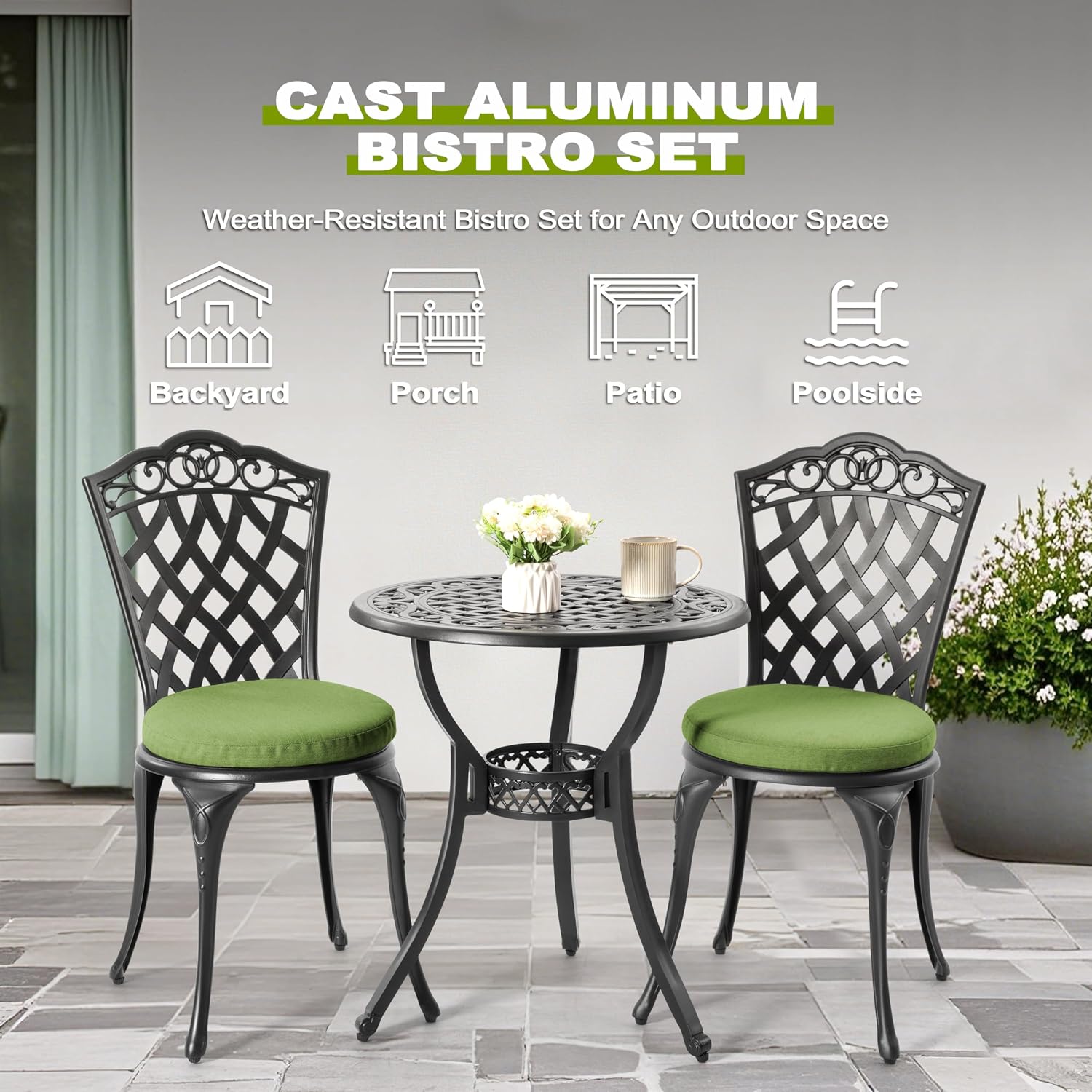 NUU GARDEN 3-Piece Patio Bistro Set Outdoor Cast Aluminum Bistro Table and Chairs Set of 2, Outdoor Patio Bistro Set with Umbrella Hole and Green Cushions for Patio Balcony, Black