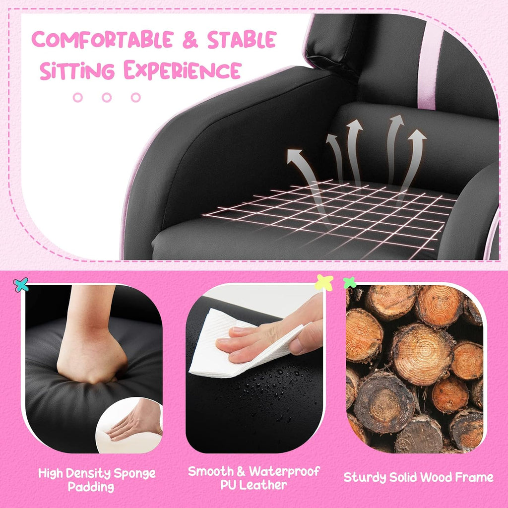 Costzon Kids Recliner, Gaming Recliner Chair w/Side Pockets, Footrest, Headrest & Lumbar Support for Kids Room & Play Room, Adjustable Racing Style Leather Sofa for Children Boys Girls (Pink, Black)