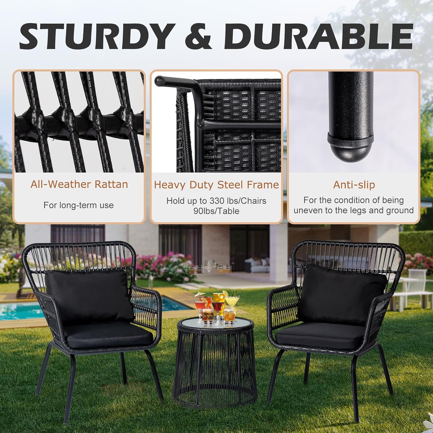 3 Piece Outdoor Wicker Furniture Bistro Set, Rattan Chairs Conversation Sets Wicker Patio Furniture for Balcony Poolside Backyard, Black/Beige