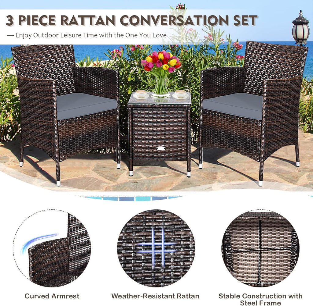 DORTALA Wicker Patio Furniture Set 3 Piece, Small Outdoor Table & Chairs Set with Cushions, All-Weather Rattan Conversation Bistro Set for Balcony, Porch, Backyard, Deck, Grey