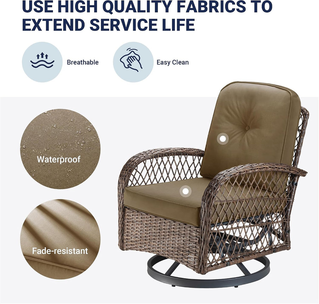 Allewie Patio Furniture Set, 3 Piece Wicker Patio Bistro Set Swivel Rocking Chairs Set of 2 with Coffee Table Outdoor Rattan Conversation Chairs for Porch Backyard Poolside, Khaki
