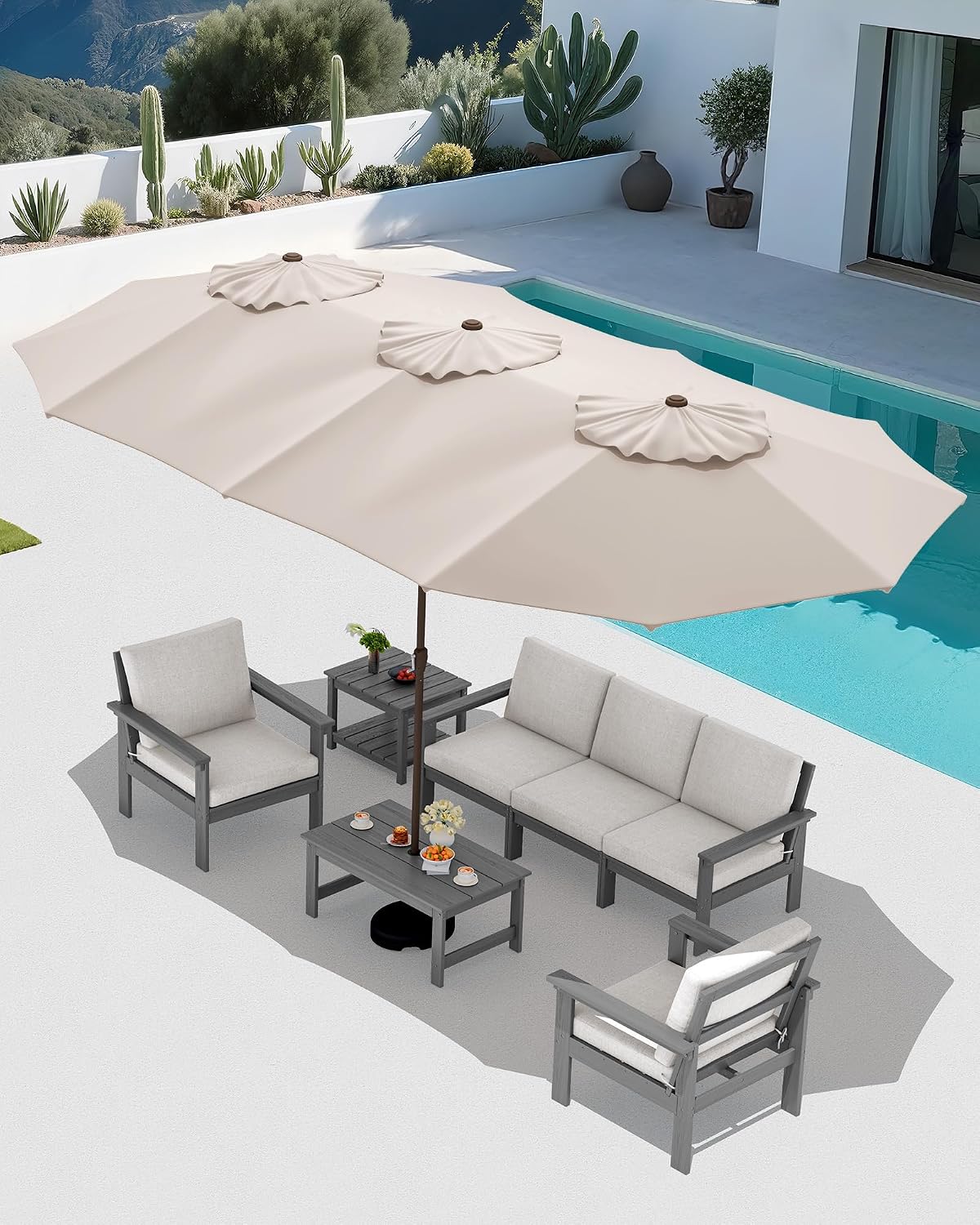SERWALL HDPE Patio Furniture Set with 15FT Patio Umbrella, 7-piece Outdoor Sectional Sofa Set, All Weather Patio Couch Set for Deck, Gray & Beige(Umbreall Base not Included)