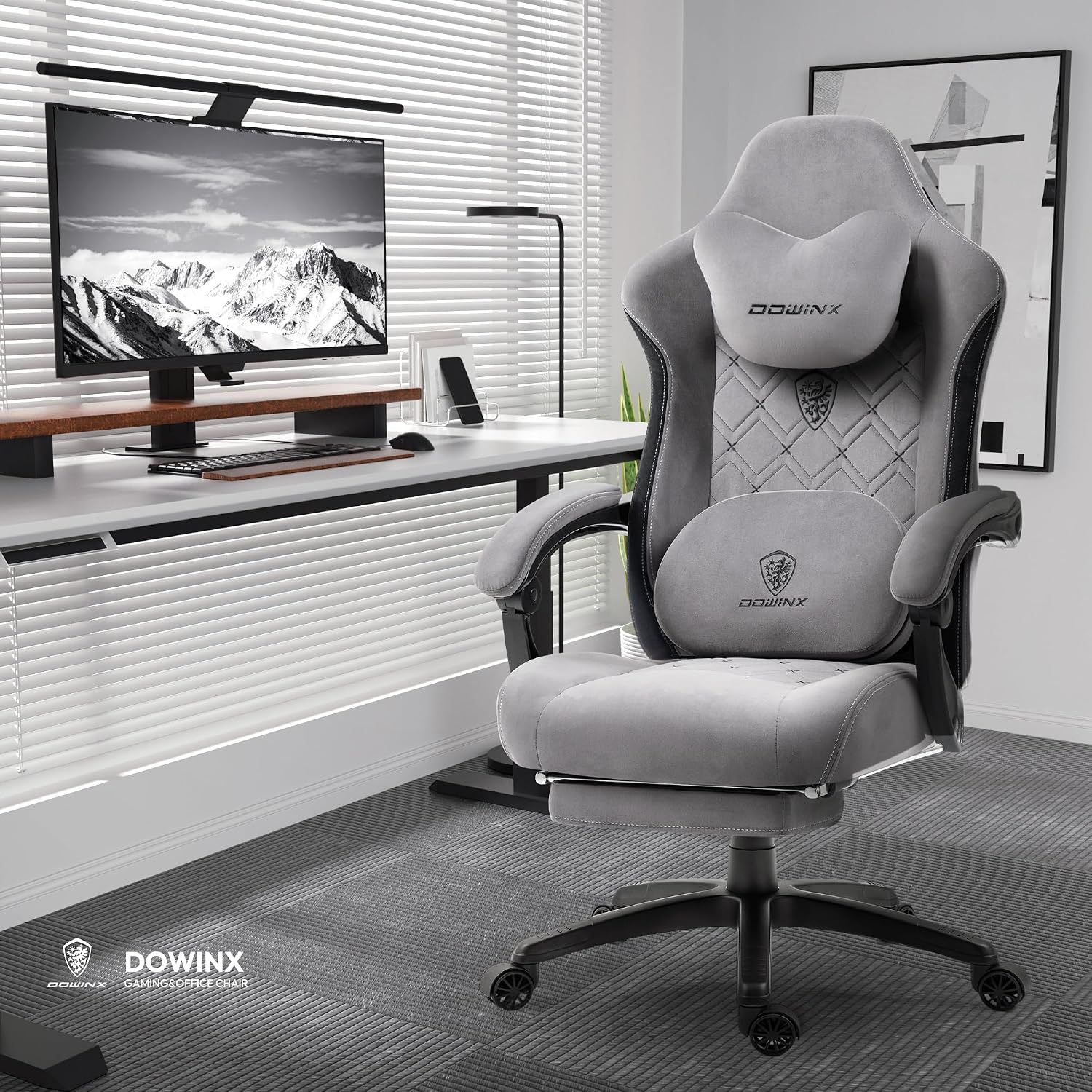 Dowinx Fabric Gaming Chair with Heated Massage Lumbar Support, Gaming Chairs for Adults, Big and Tall Gamer Chair with Pocket Spring Cushion and Footrest, Ergonomic Recliner Computer Chair, Grey