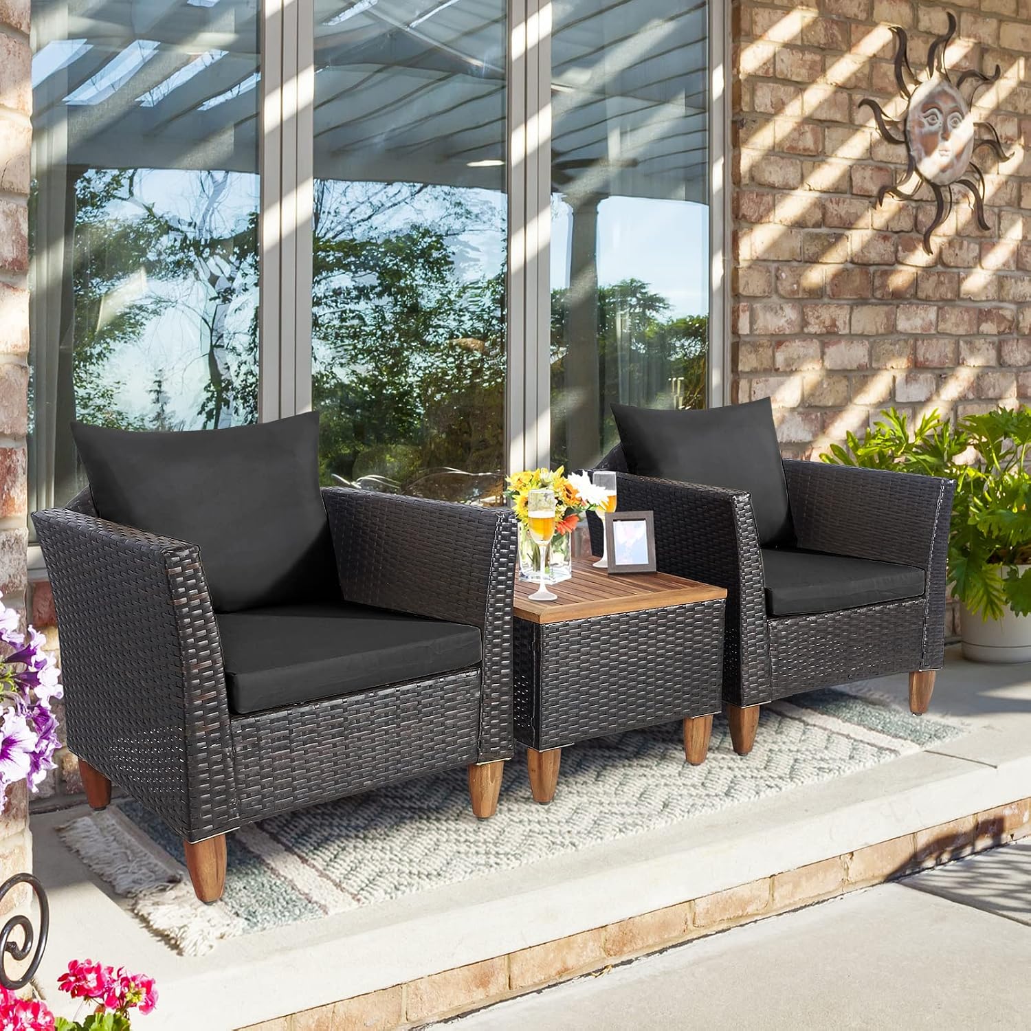 Tangkula 3-Piece Patio Furniture Set, Patiojoy Outdoor PE Wicker Bistro Set with Soft Cushions and Solid Acacia Wood, Outdoor Conversation Set with Porch, Balcony and Garden (Black)