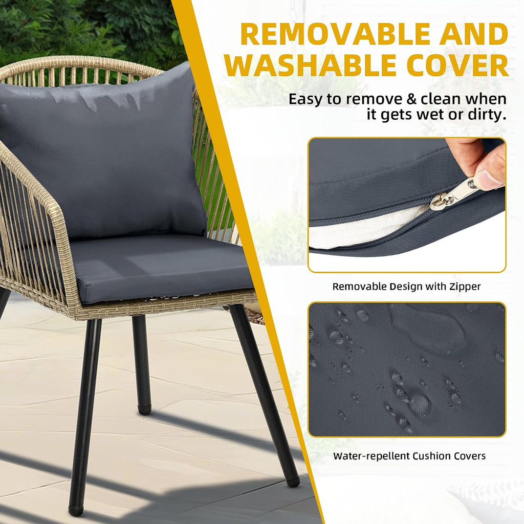 DWVO Bistro Table and Chairs Set of 2, Outdoor Patio Furniture Set with Cushion Chairs and Glass Table, Front Porch Furniture for Backyard, Deck, and Balcony, Black