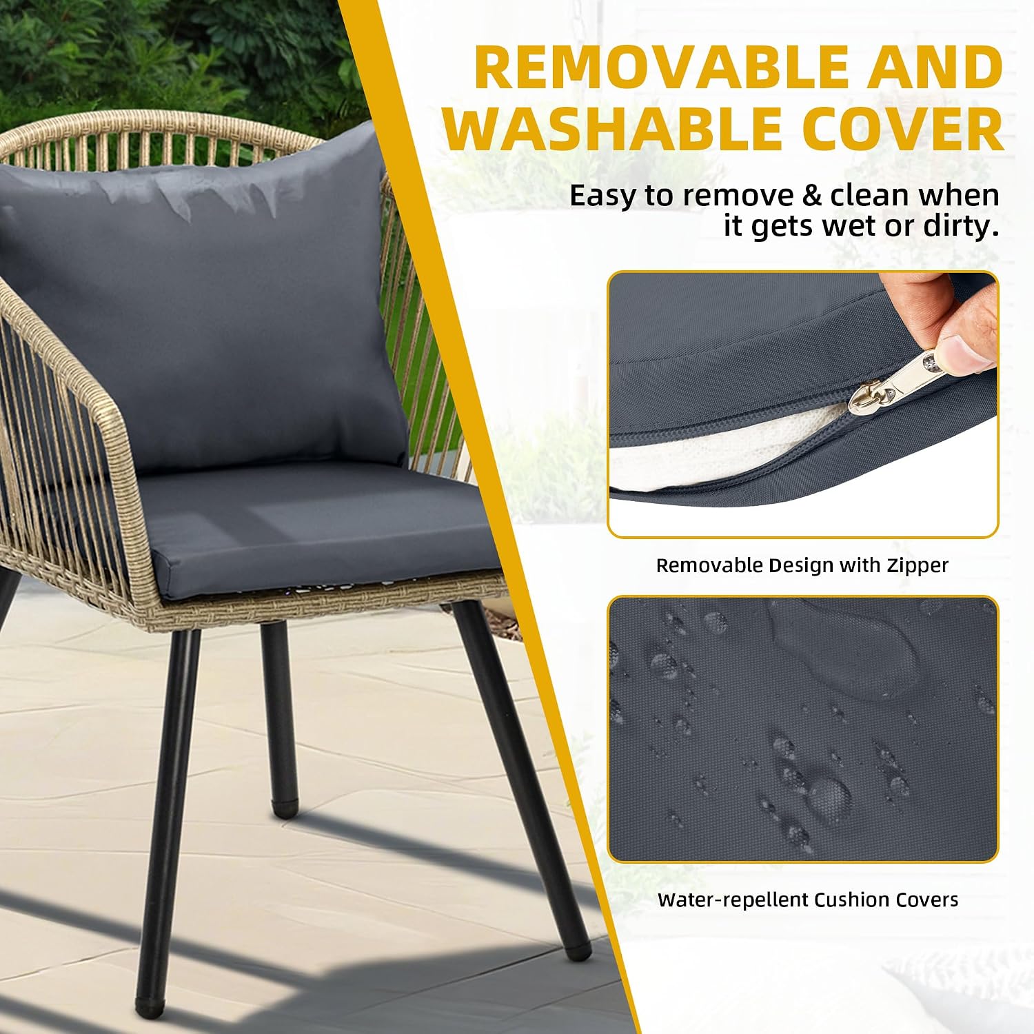 DWVO Bistro Table and Chairs Set of 2, Outdoor Patio Furniture Set with Cushion Chairs and Glass Table, Front Porch Furniture for Backyard, Deck, and Balcony, Black