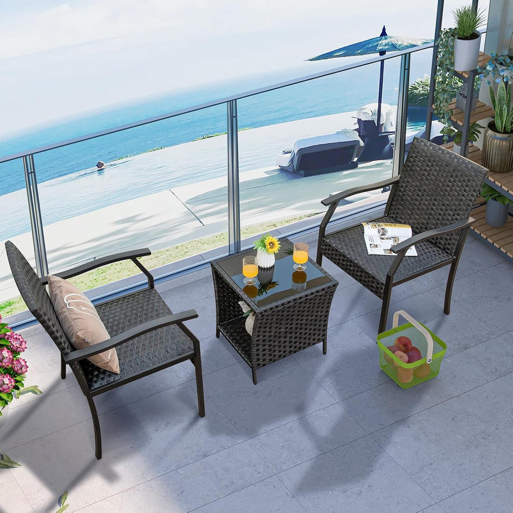 Tangkula 3 Pieces Patio Wicker Chair Set, Waterproof All Weather Resistant Heavy Duty Outdoor Conversation Set with Quick Dry Foam Seating, for Poolside, Backyard, Garden (Mix Brown)