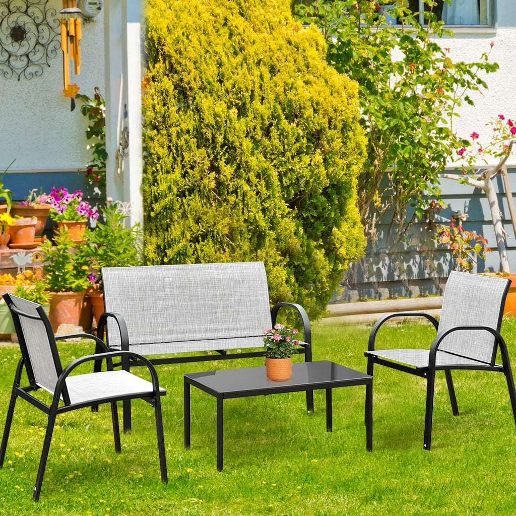 Tangkula 4 Pieces Patio Furniture Set, Metal Frame Heavy Duty Outdoor Conversation Set, Includes Glass Top Coffee Table, 2 Armrest Chairs and Loveseat, Suitable for Lawn Garden Porch Balcony (Gray)