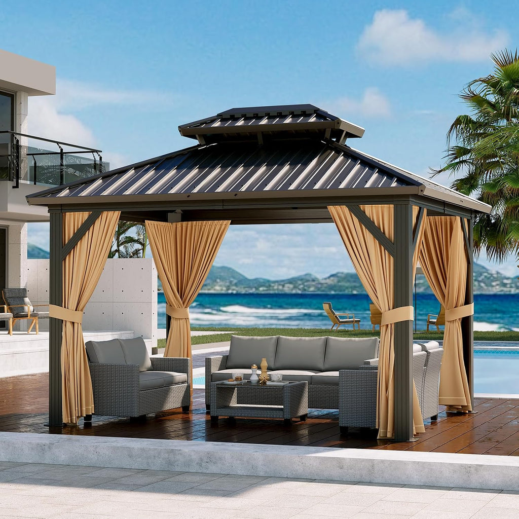 12'x10' Hardtop Gazebo, Heavy Duty Aluminum Permanent Hardtop Gazebo Outdoor Pavilion with Curtains and Netting for Garden