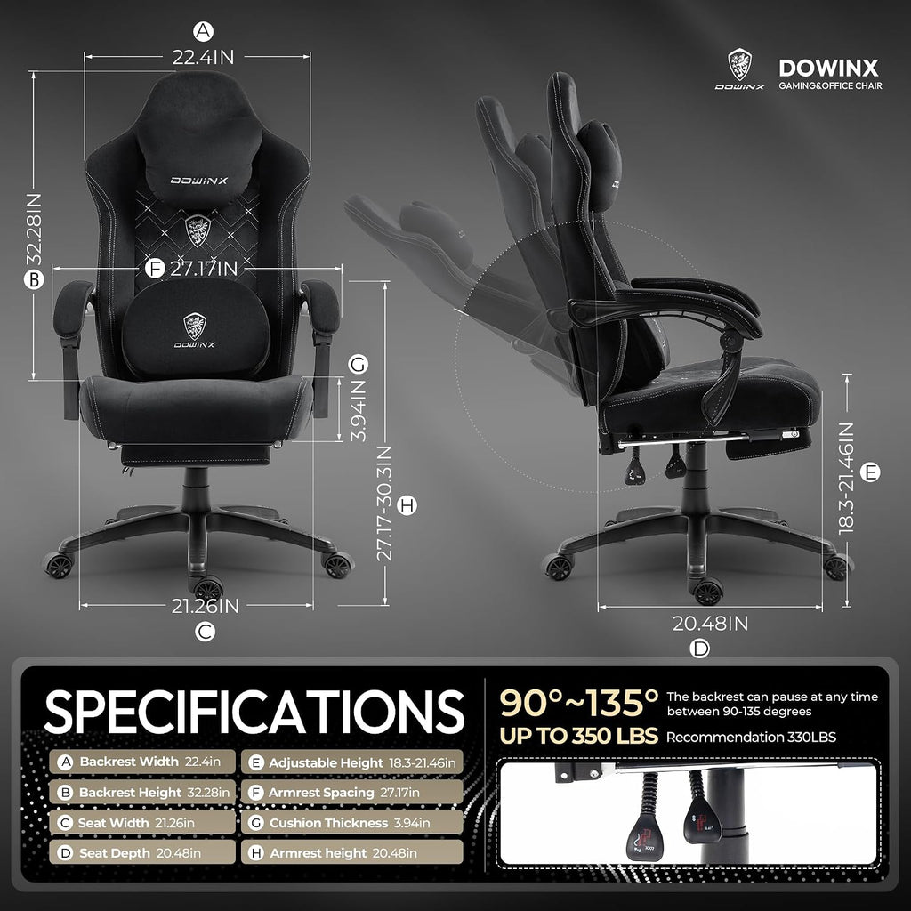 Dowinx Gaming Chair with Heated Massage Lumbar Support,Big and Tall Fabric Gaming Chairs for Adults with Footrest, Ergonomic Computer Game Chair with Poket Spring Cushions, 350lbs, Black and White