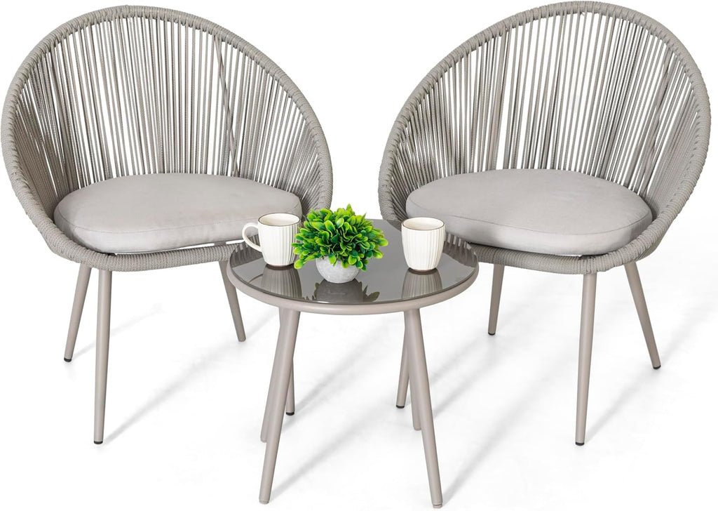 NUU GARDEN 3 Piece Outdoor Bistro Set, Woven Rope Conversation Patio Set, All Weather Patio Furniture Chairs and Table with Cushions for Garden, Deck, Backyard, Balcony, Porch, Beige